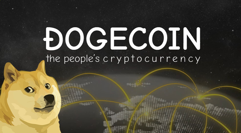 Dogecoin text above illustrated dog and world map